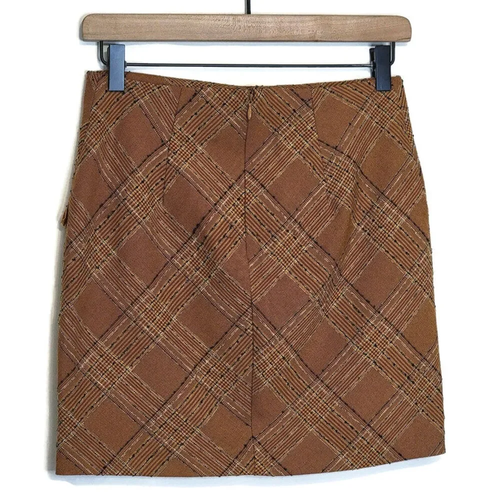 Free People Plaid Tweed Brown Mini Skirt Fringe Boho Preppy Fall Size 0